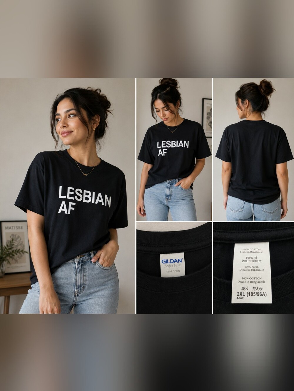 Gildan Black Graphic Tee with White 'LESBIAN AF' Print